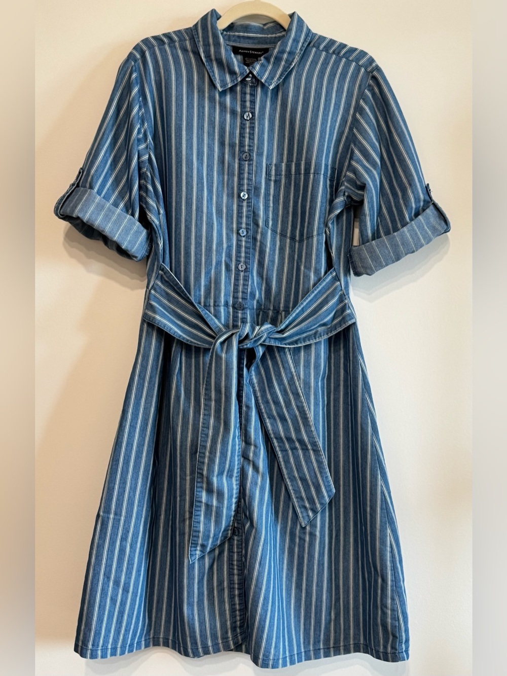 Ashley Stewart Blue Striped Shirt Dress with Tie Waist & Rolled Sleeves Size 14